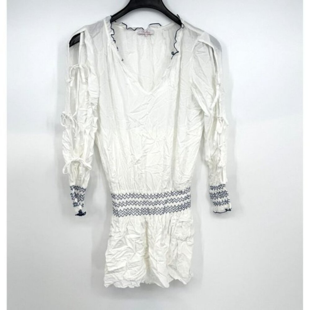 Parker Ruffle V-Neck Tie Long Sleeve Smocked Embroidered Short Dress Medium FLAW